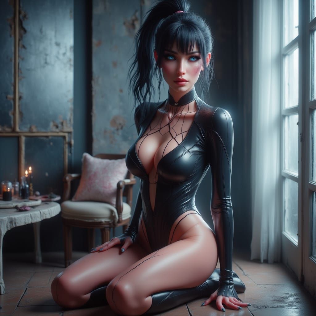 Woman in Black-Pink Wetsuit and Stilettos Sitting Down