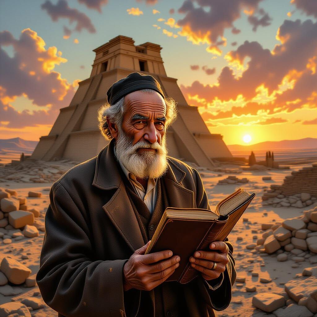 Elderly Man in Mesopotamian Ruins, Impasto Oil Painting