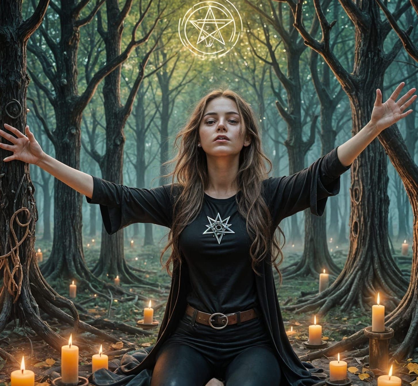 Young Witch Summons Spirits in Dark Clothing