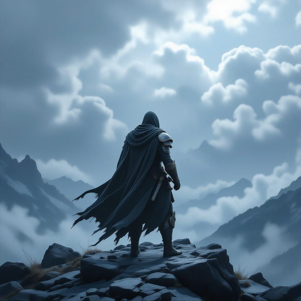 Solitary Warrior Gazes Over Wilderness in Hyperrealistic Sty...