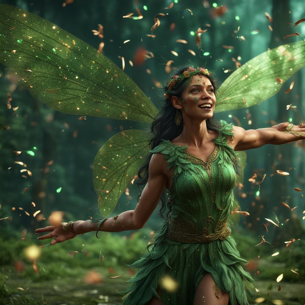 Hyperrealistic Amerindian Green Fairy with Confetti