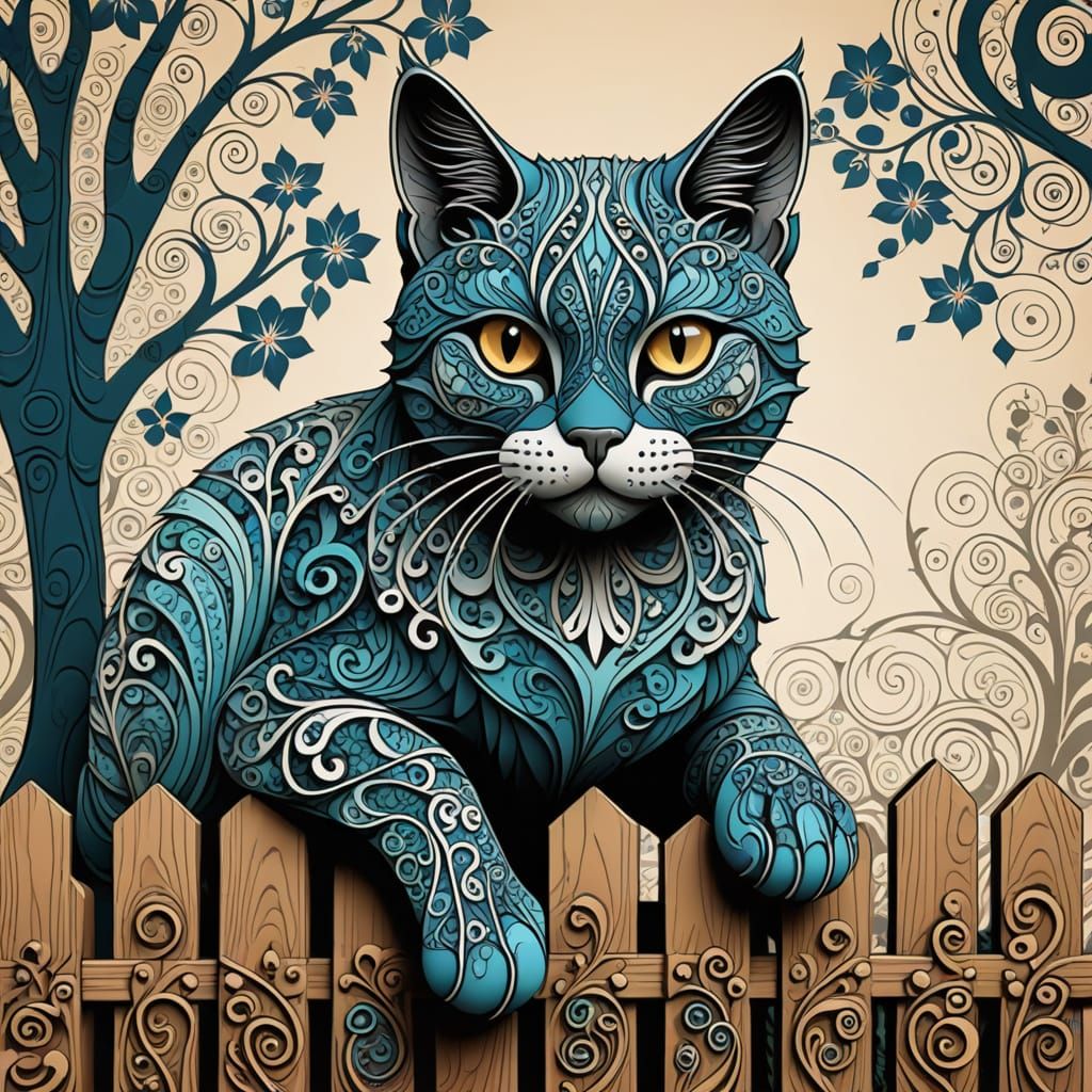 Folk Art Cat on Fence with Abstract Vector Fractal