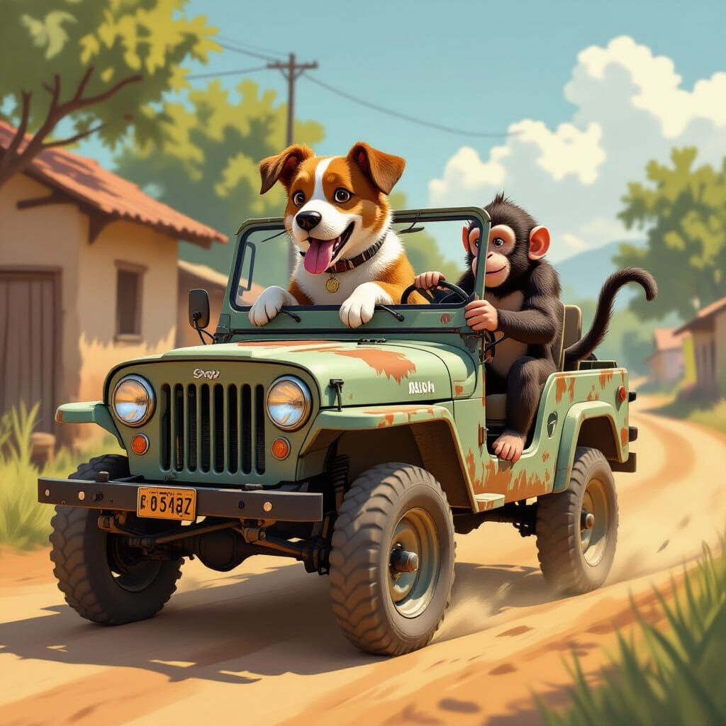 Dog Driving Jeep with Monkey in Cinematic Lighting