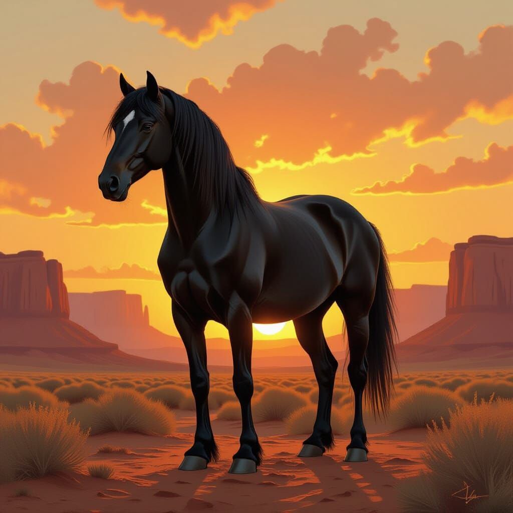 Majestic Black Horse in Golden Hour Oil Painting