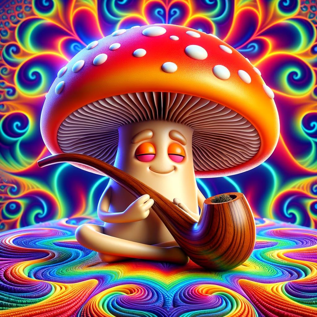 Whimsical Mushroom Character Smoking Pipe with Fractal Backg...