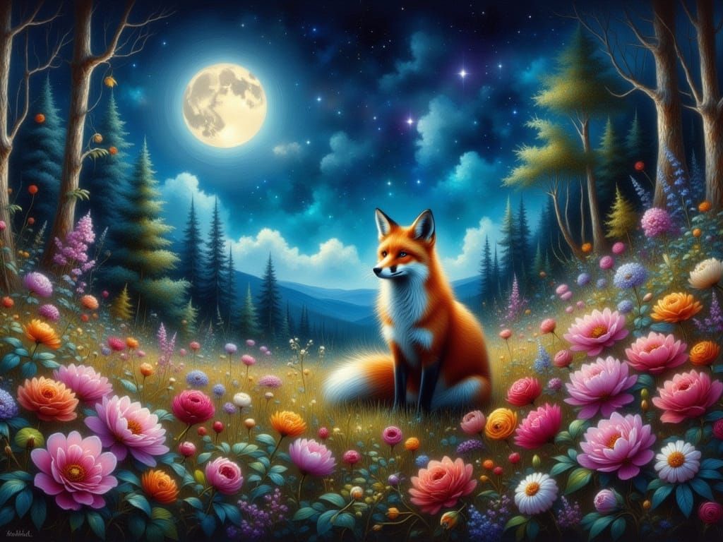 Fox in Moonlit Forest: Romantic Impasto Oil Painting