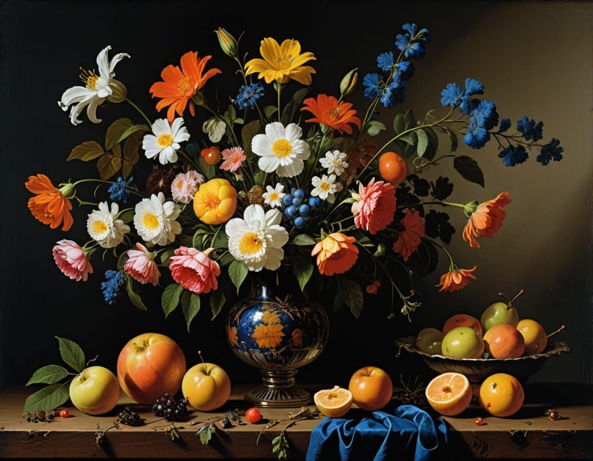 Exquisite Still Life Masterpiece with Blooms and Fruits in W...