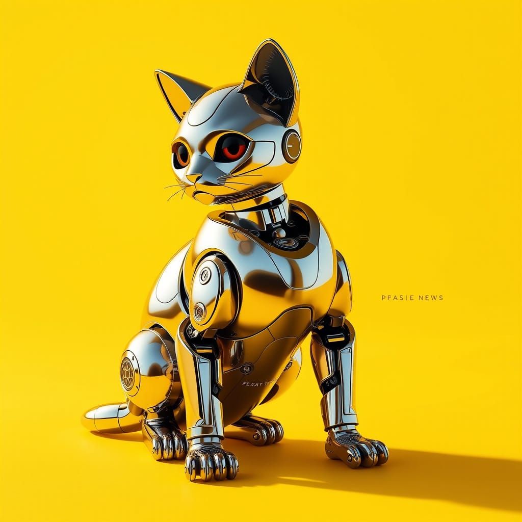 Regal Chrome Robocat on Vibrant Yellow Background