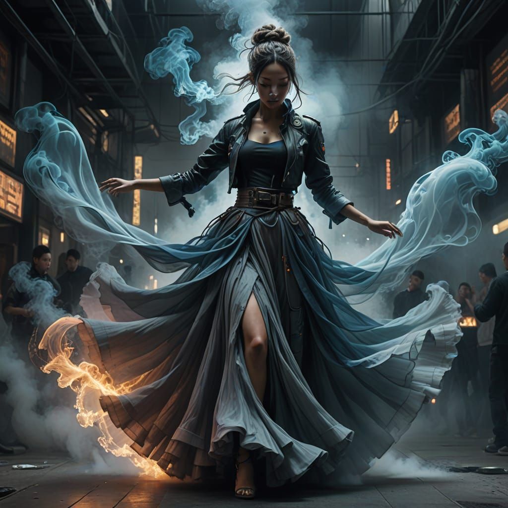 Cyberpunk Woman Dances in Ethereal Smoke