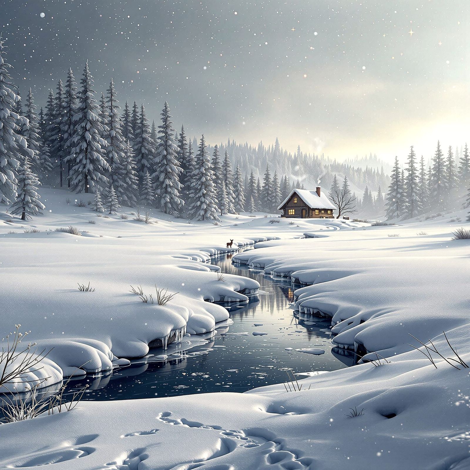 Winter Landscape in a Snowy Pine Forest