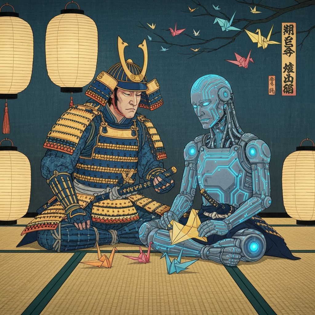 Samurai Androids Fold Origami Cranes in Soft Lantern Light