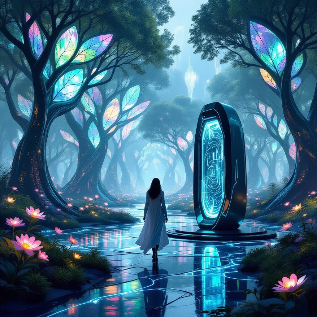 Bioluminescent Alien Park With Stained Glass Trees