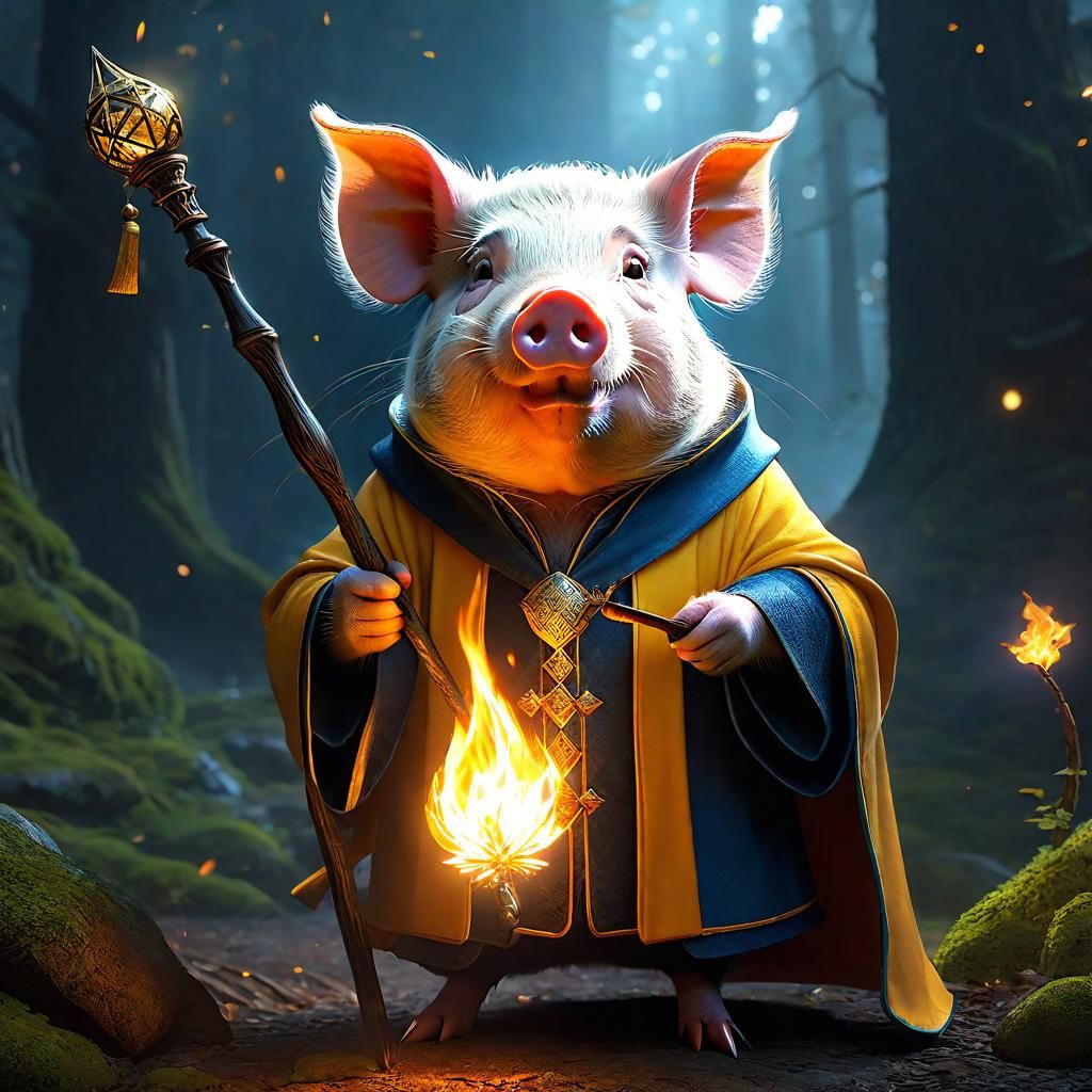 Wizard Pig Casting Fire Spell in Fantasy Art
