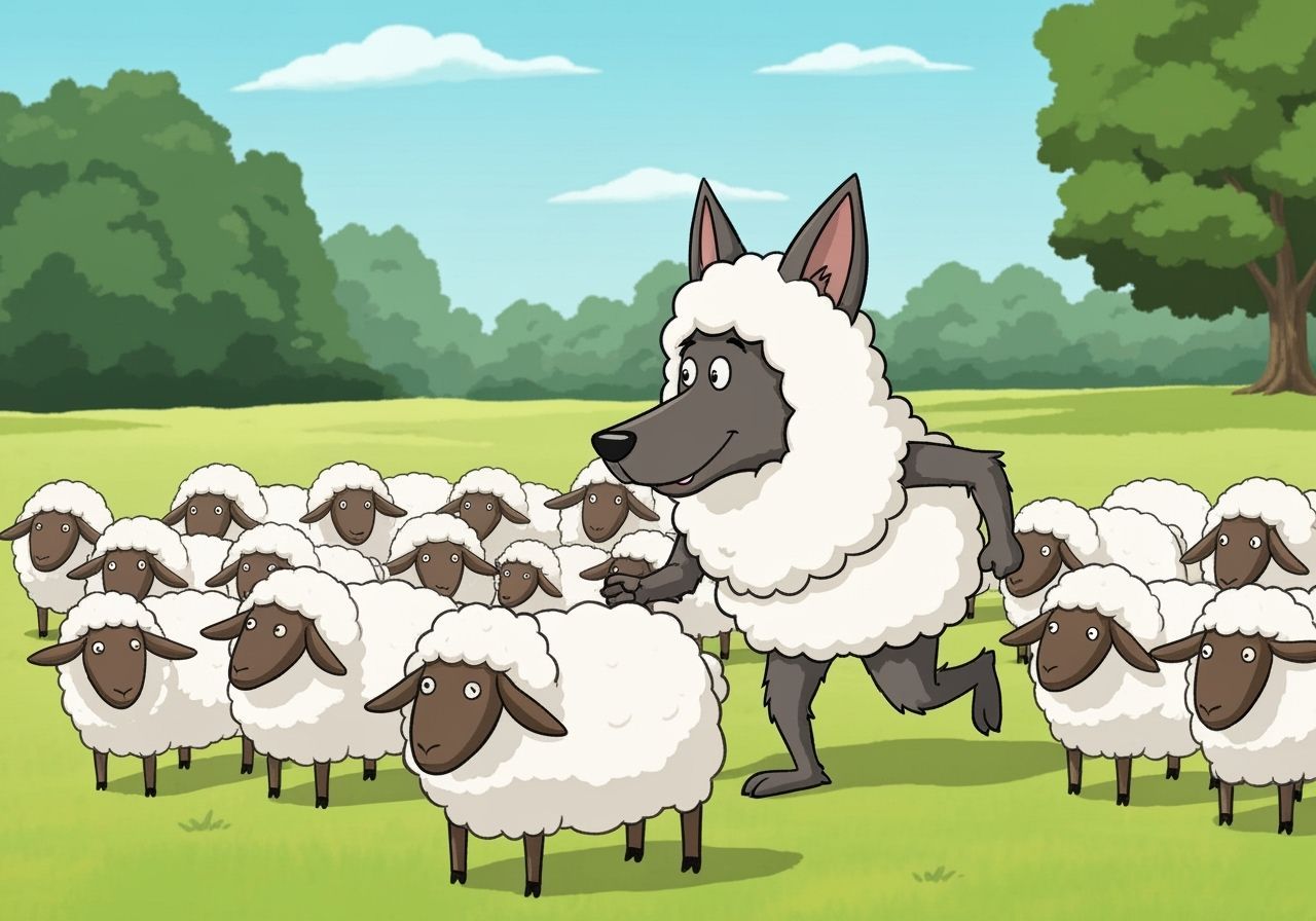Wolf in Sheep Disguise Sneaking into Flock