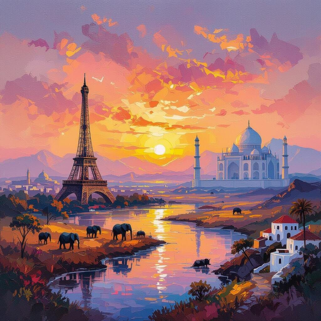 Global Sunset: Impressionist Oil Painting of World Landmarks