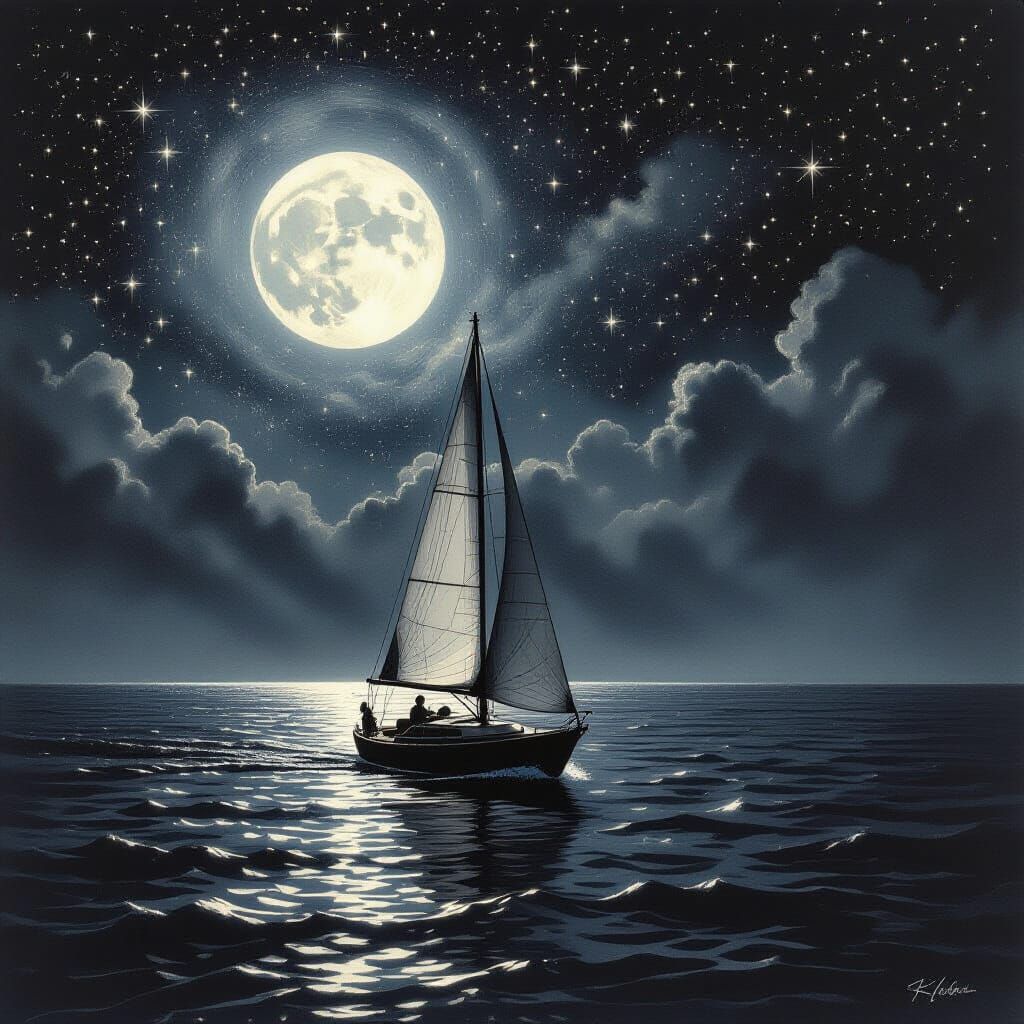 Sailboat Under Full Moon and Starry Sky in Charcoal Drawing ...