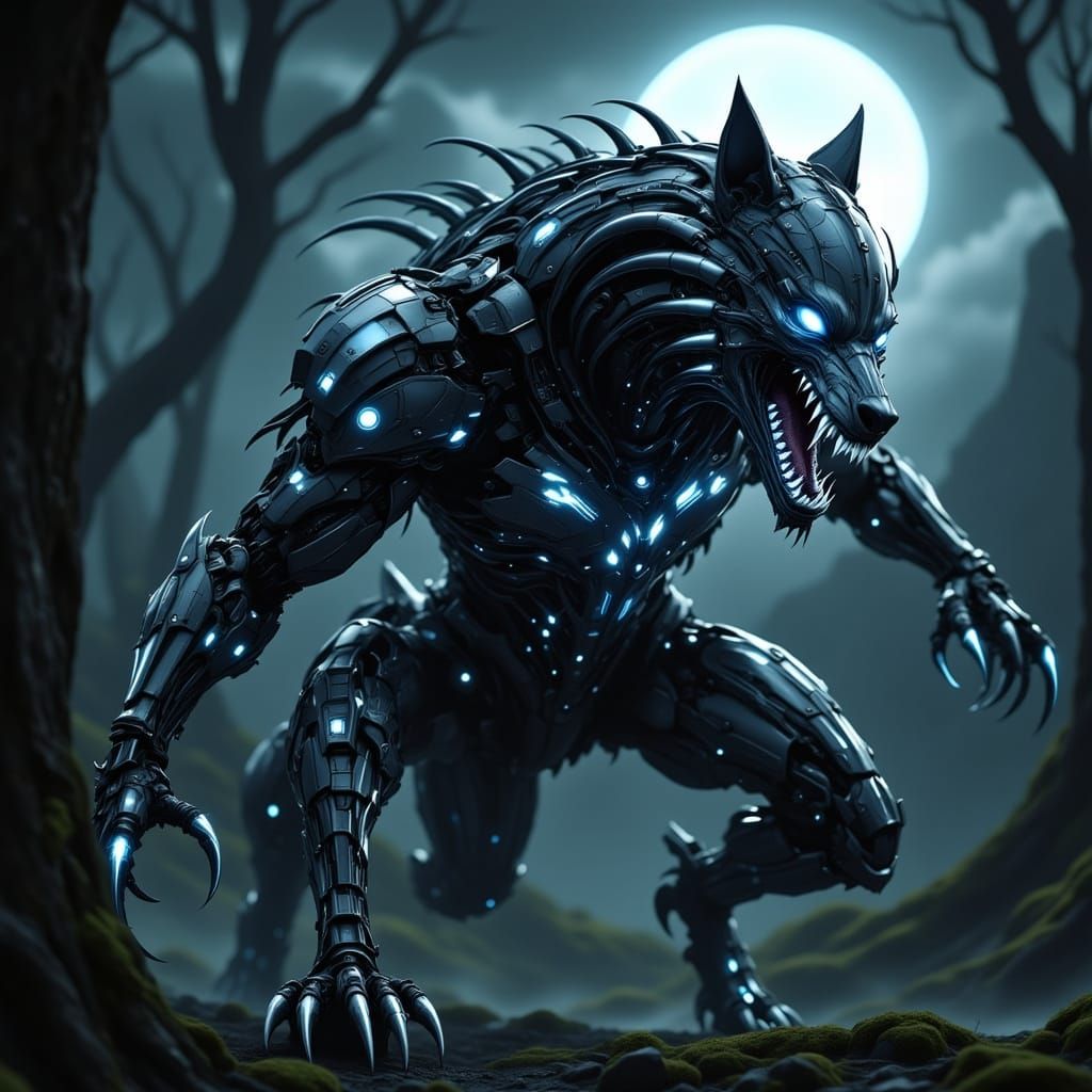 Biomechanical Wolf Attack Under Full Moon