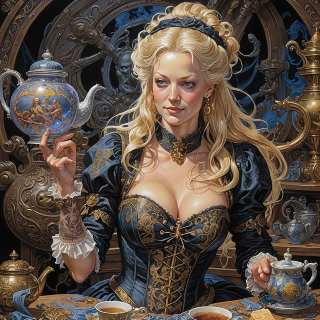 Pirate Queen Tea Party in Surreal Blacklight Neon Style