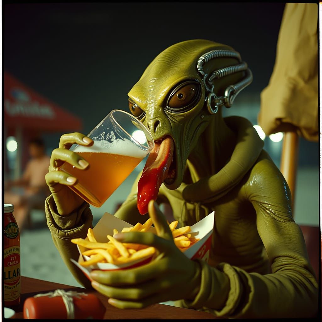 Space Alien's Beach Feast: A Cinematic Film Still