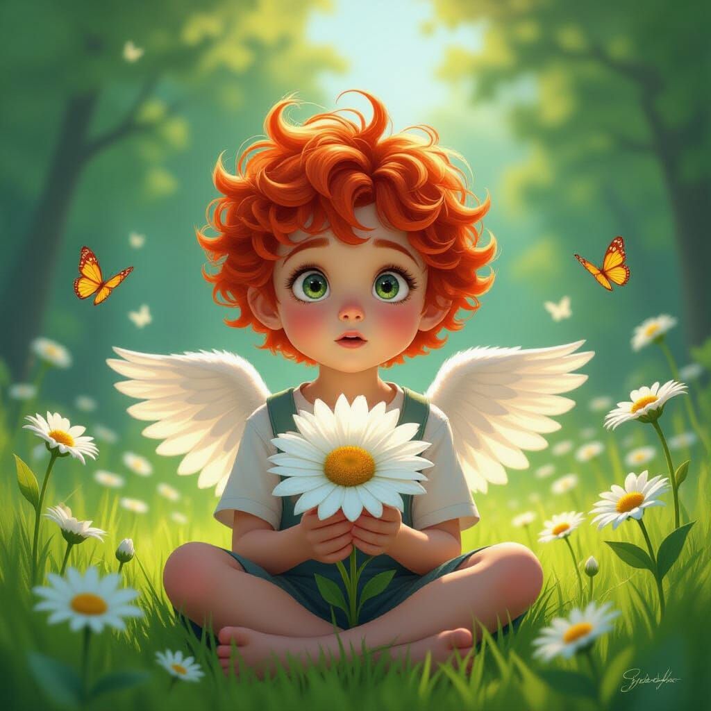 Angelic Boy in Meadow, Ghibli-Inspired Digital Art