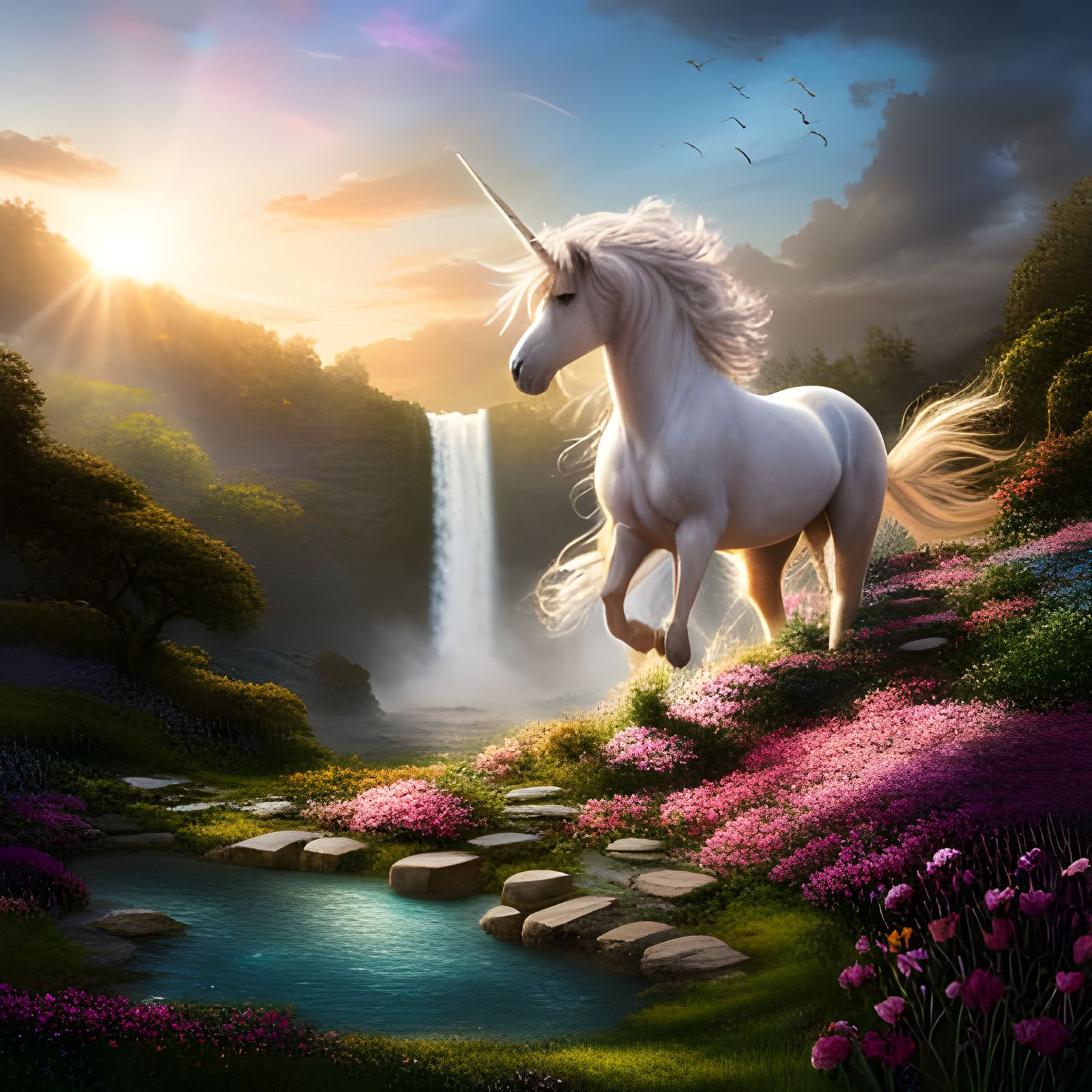 Unicorn in Cascading Floral Dreamscape