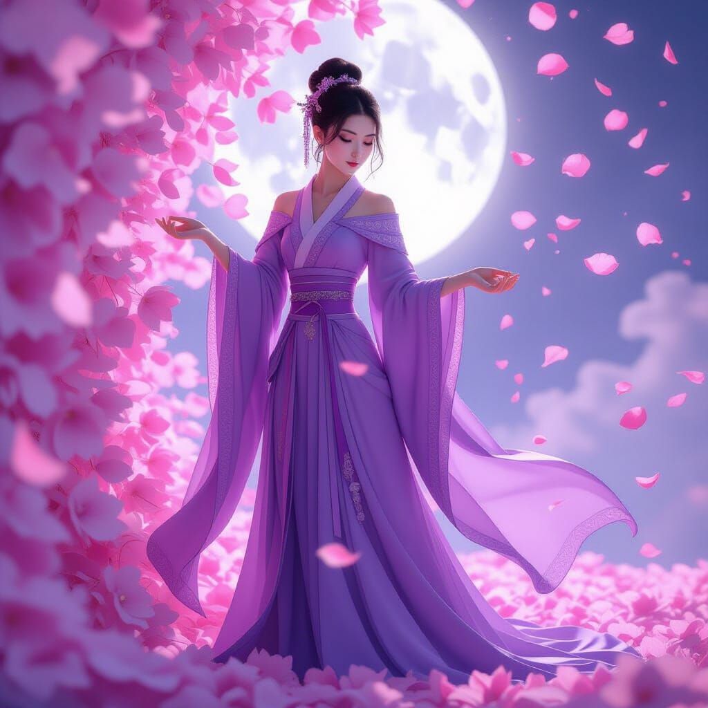 Ethereal Hanfu Girl Amidst Moonlit Petals