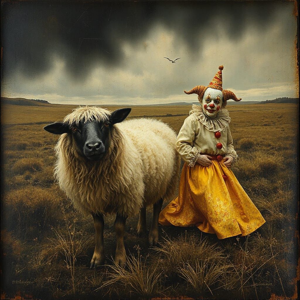 Surreal Sheep and Clown in Bleak Landscape