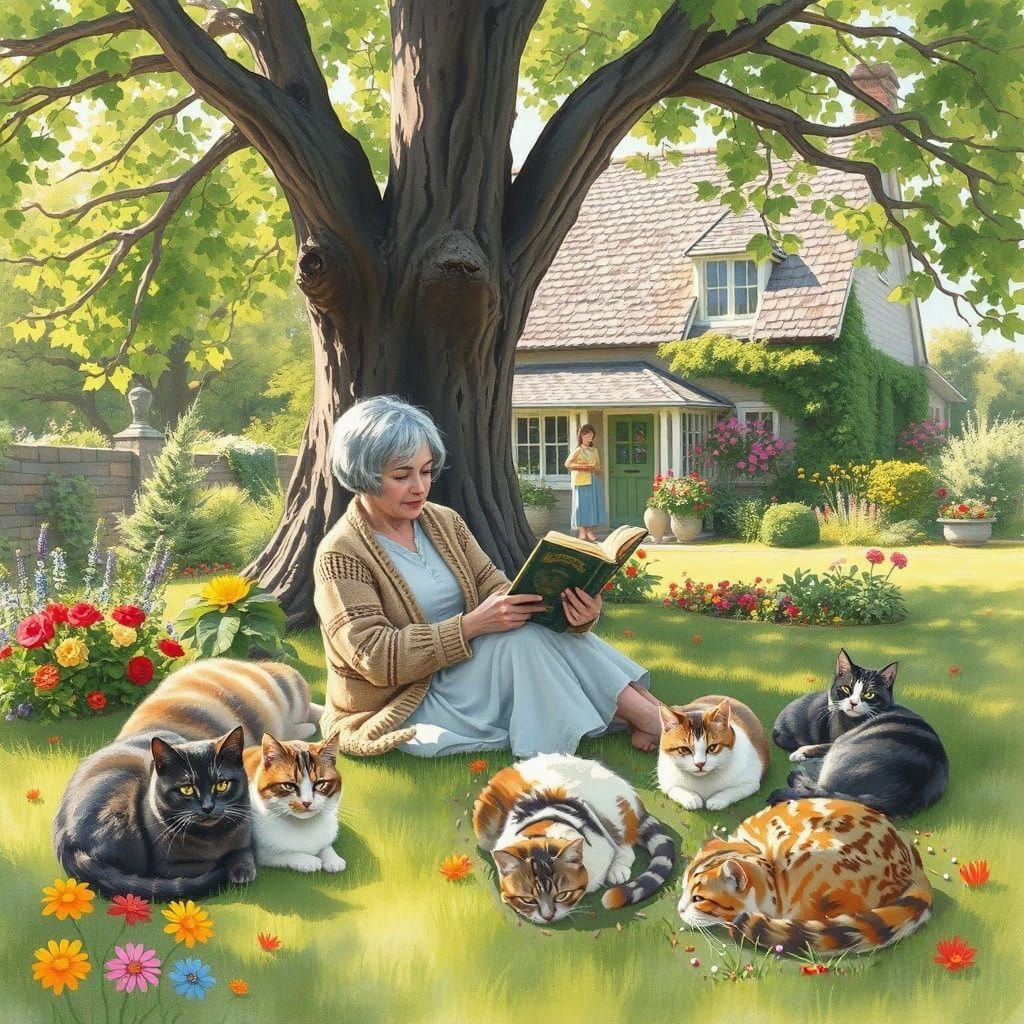 Woman Reading with Cats in Sunny Garden