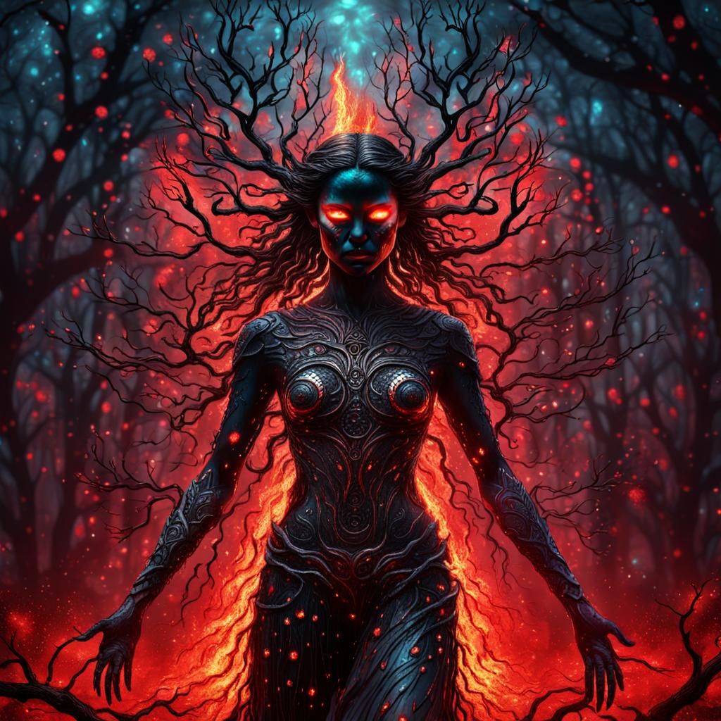 Fiery Goddess Emerges from Black Branches