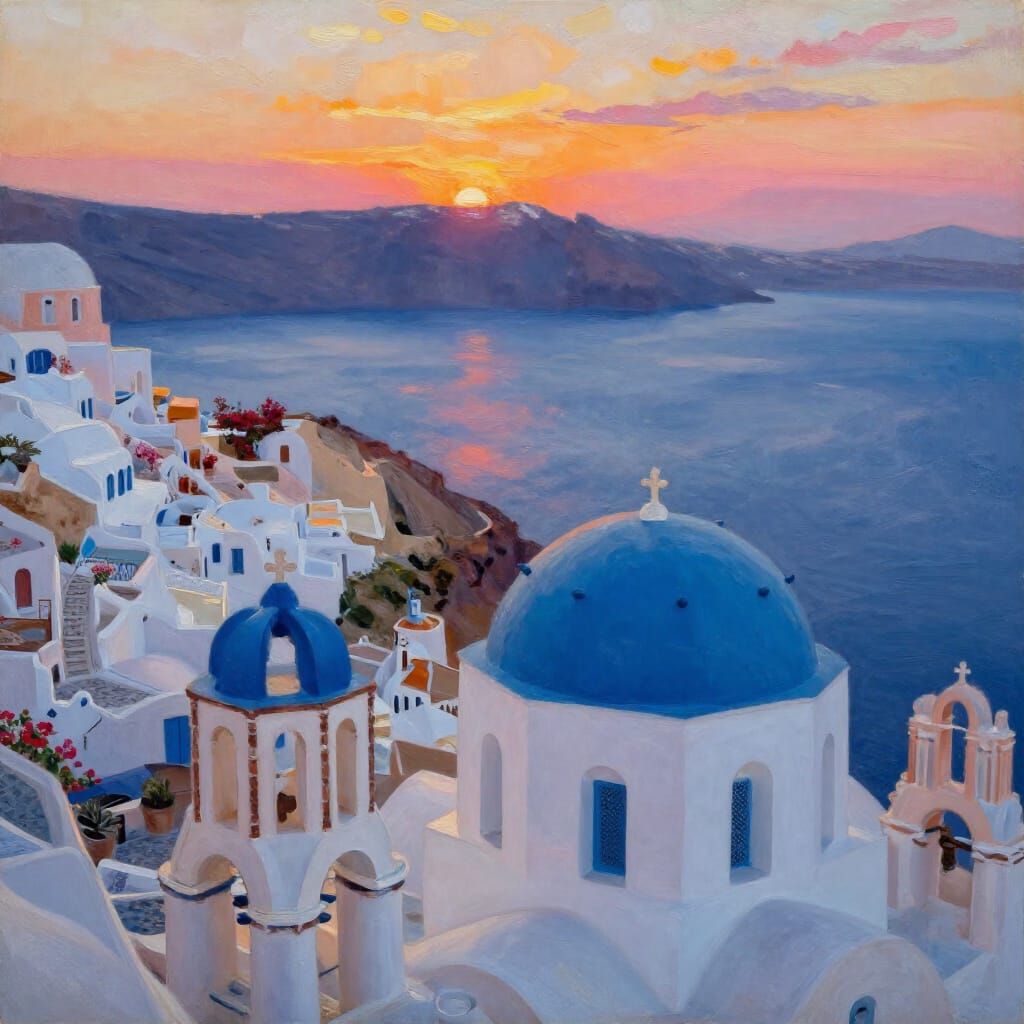 Santorini Sunset Oil Painting