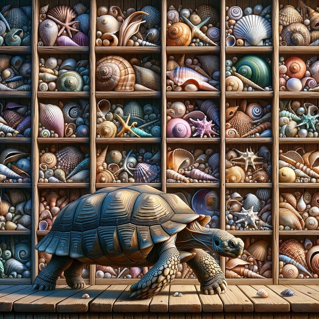Tortoise Strolls Through Vibrant Seashell Shelves in Whimsic...