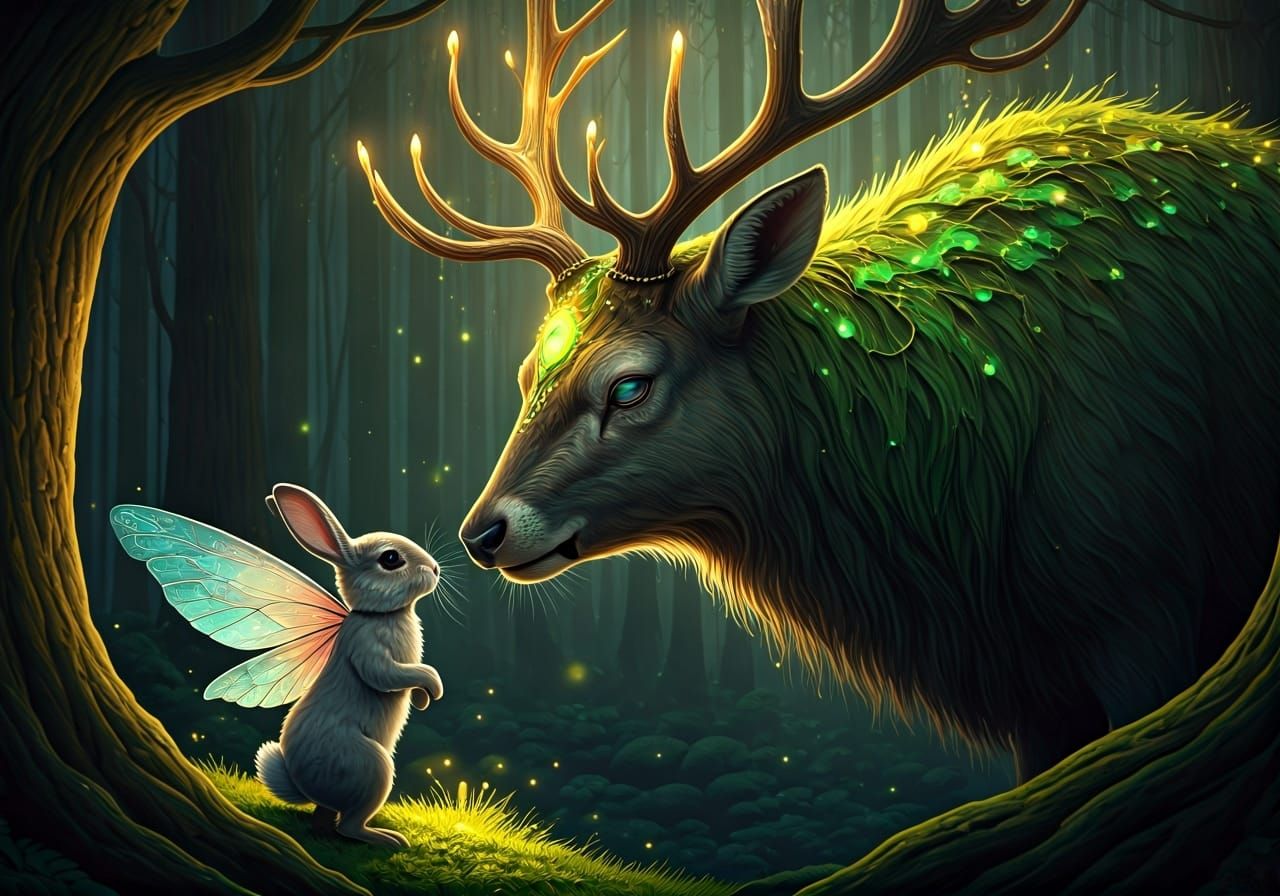Enchanted Forest Meeting: Fairy Rabbit and Moss Deer
