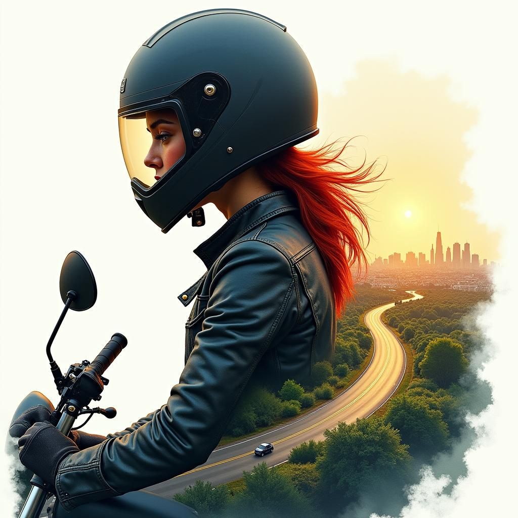 Redhead Biker Girl in Digital Watercolor