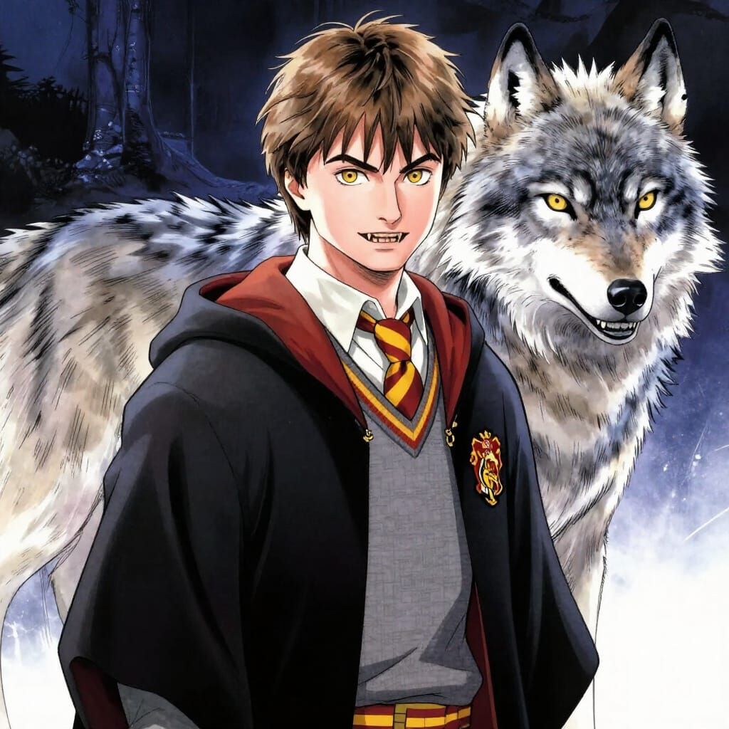 Gryffindor Wizard with Gold Eyes and Wolf Companion