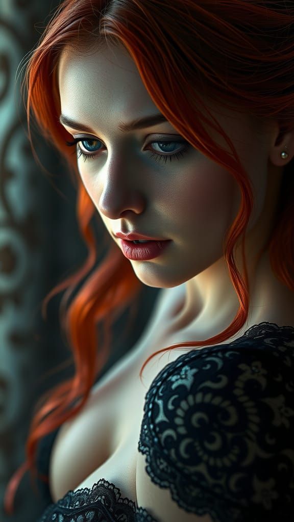 Red-Haired Woman in Black Lace, Dynamic Lighting