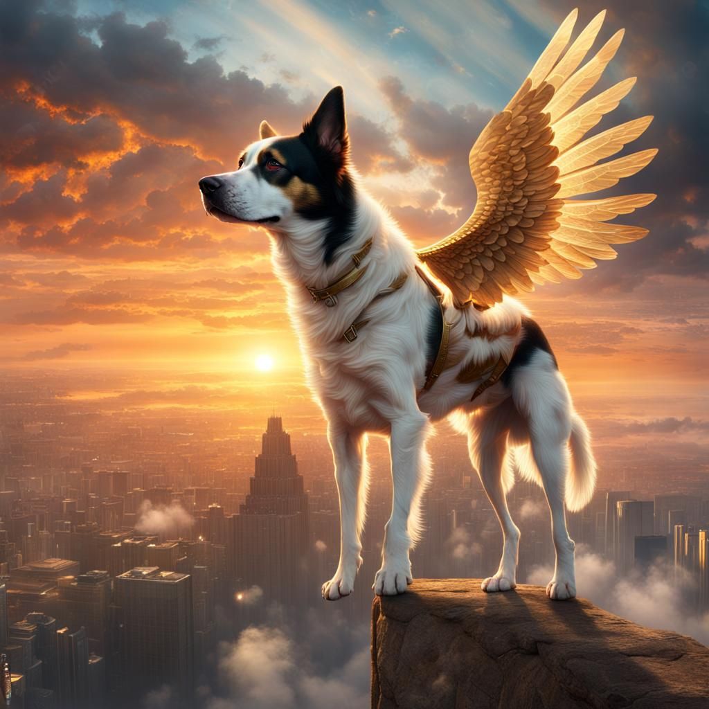 Winged Dog Soaring at Sunset: Digital Matte Painting