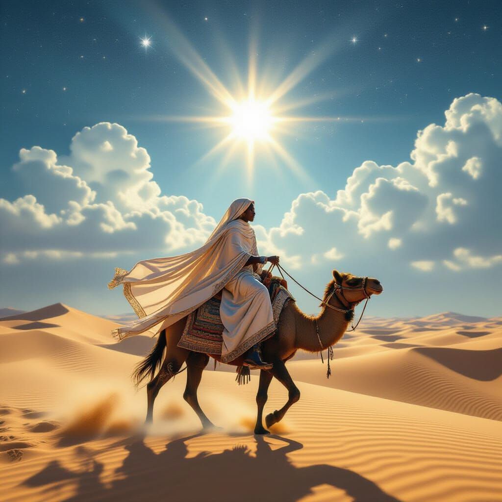 African Traveler on Mysterious Creature in Starry Desert