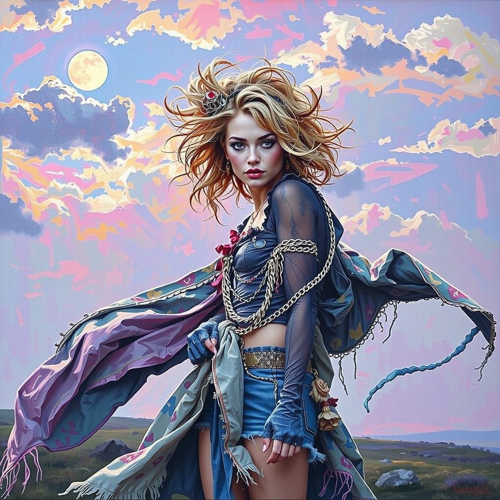 Woman in Tattered Luxury on Windswept Moor at Twilight