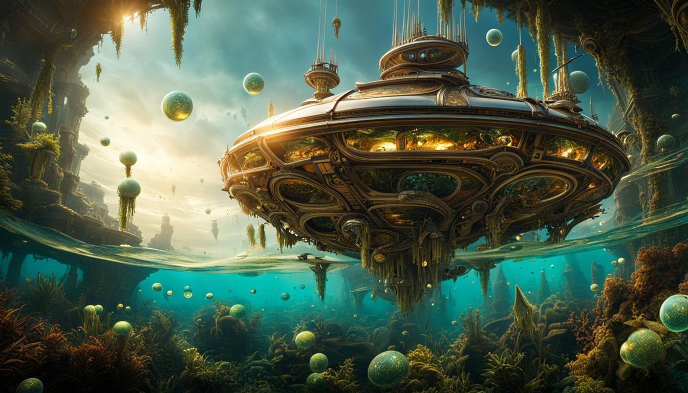 Steampunk Underwater Spacecraft with Kelp Plants