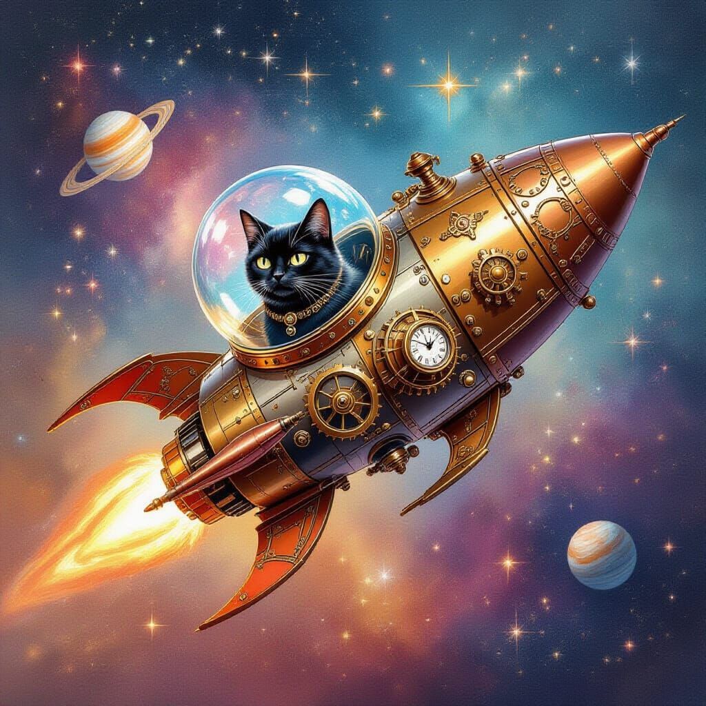Steampunk Black Cat Rocket Ship in Watercolor