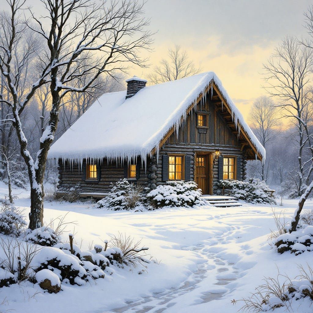 Cozy Winter Cabin in Snow, Luminism Style