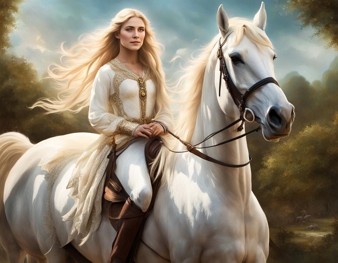 Lady Godiva on White Horse: Hyperdetailed Art Portrait