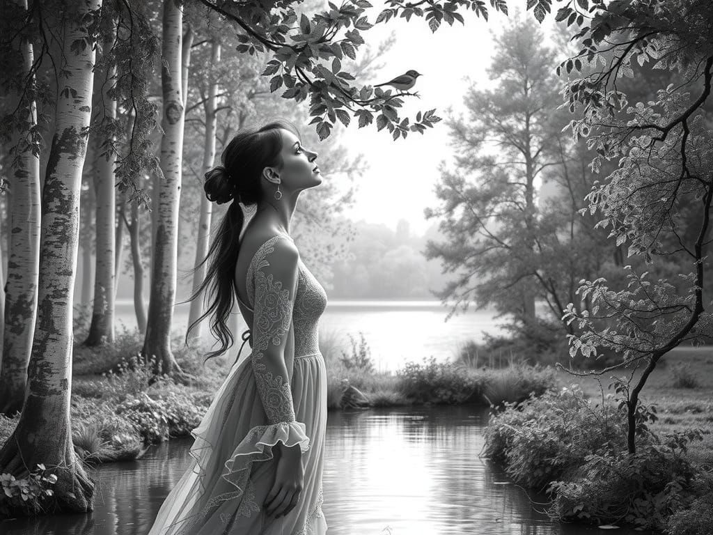 Woman in Blue Gown Amidst Nature's Serenity