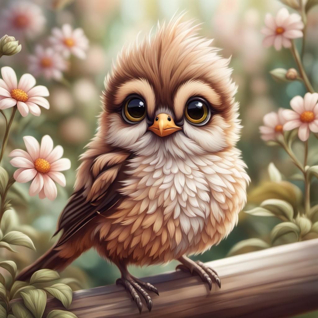 Cute Fluffy Chibi Bird in Flower Garden