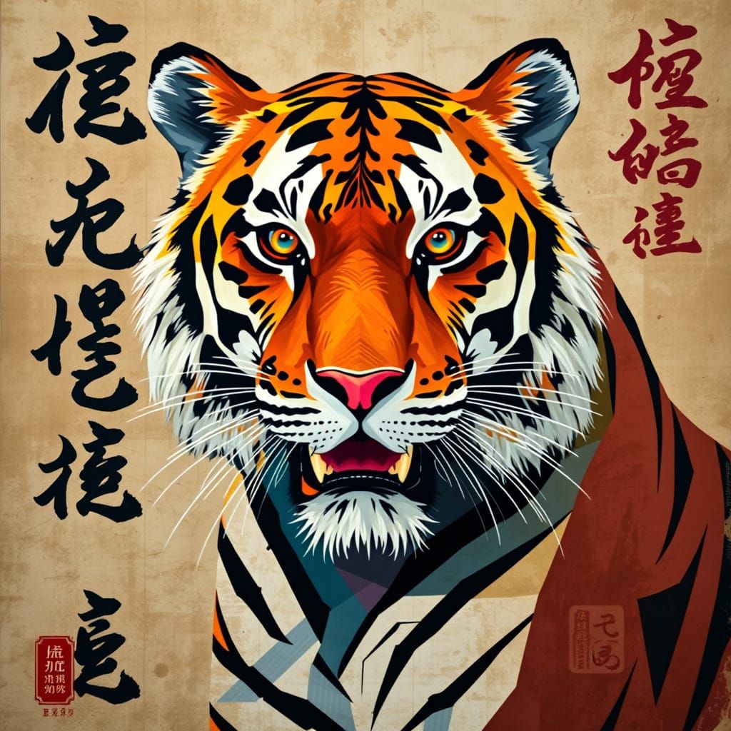 Ethereal Tiger Portrait on Antique Silk with Neo-Cubist Flai...