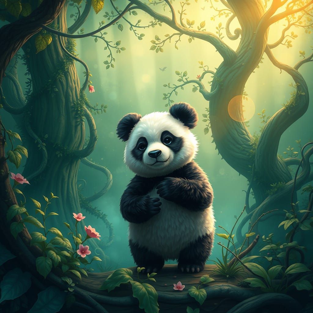 Dreamlike Panda in Vibrant Fantasy Landscape