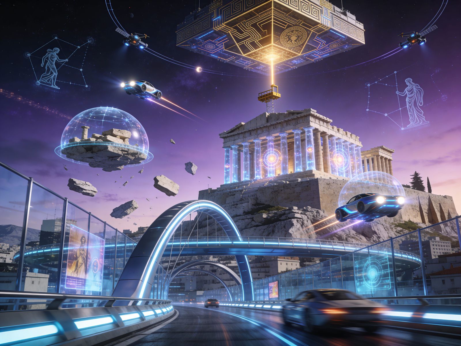 Futuristic Parhenon in Neo-Athens with Air Cars