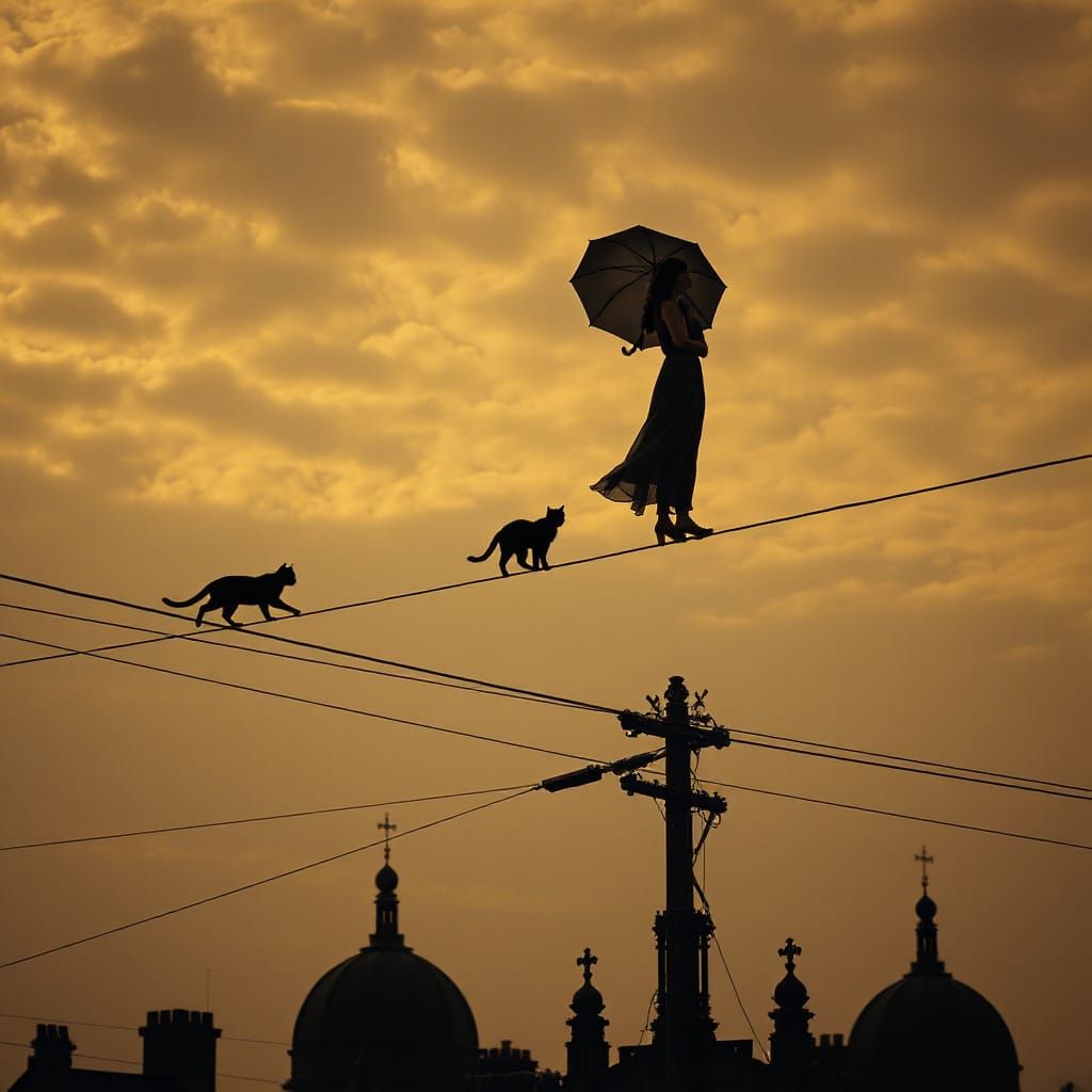 Woman on Tightrope Over Cityscape in Vintage Photo Style