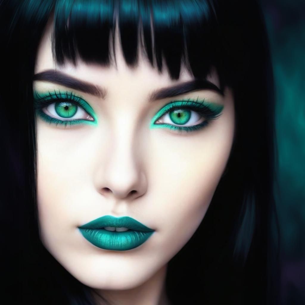 Beautiful young lady with black long hair with green eyes wi...