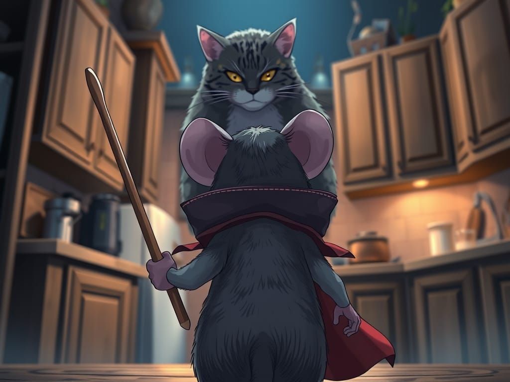 Mouse Hero Confronts Cat in Dreamlike Anime Kitchen